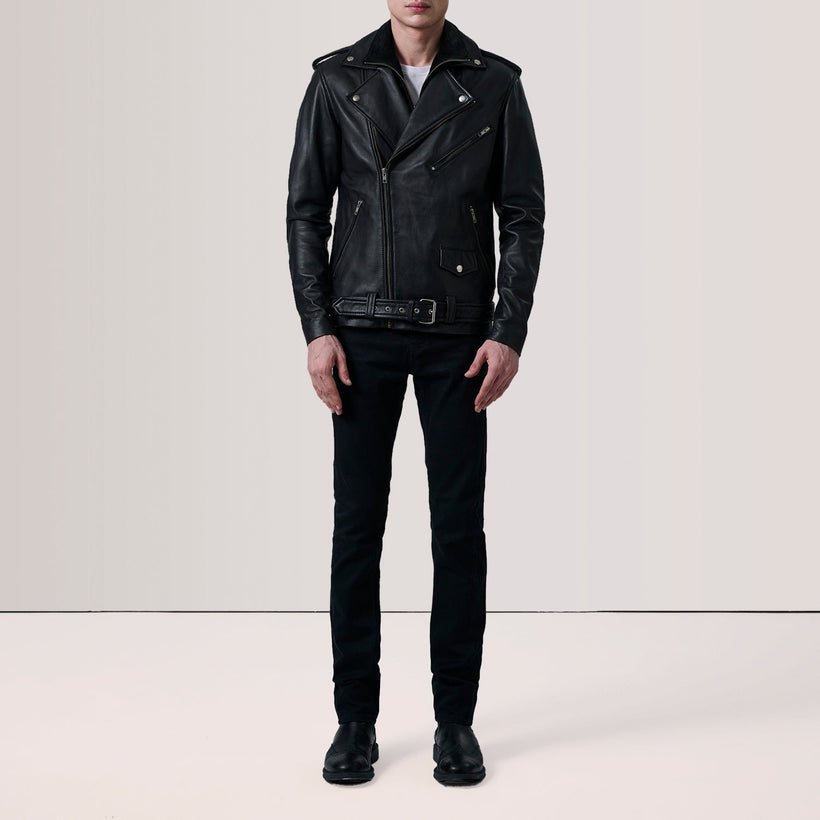 Black Sheepskin Leather Biker Jacket - Back View Showing Tailored Shoulder Fit & Clean Hemline