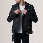 Kole Effetto Usurato Nero Leather Double Rider Giacca in Pelle da Uomo in Distressed Black Sheepskin Snuffed - Vista frontale e linea su misura | Acquista online