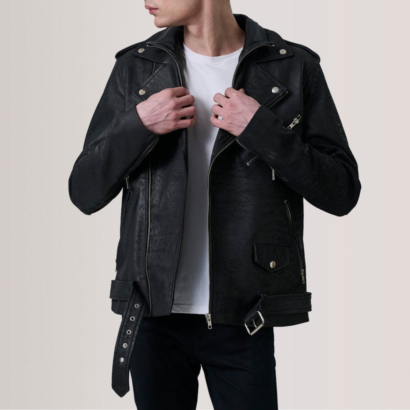 Kole Nero Invecchiato Leather Double Rider Giacca in Pelle da Uomo
