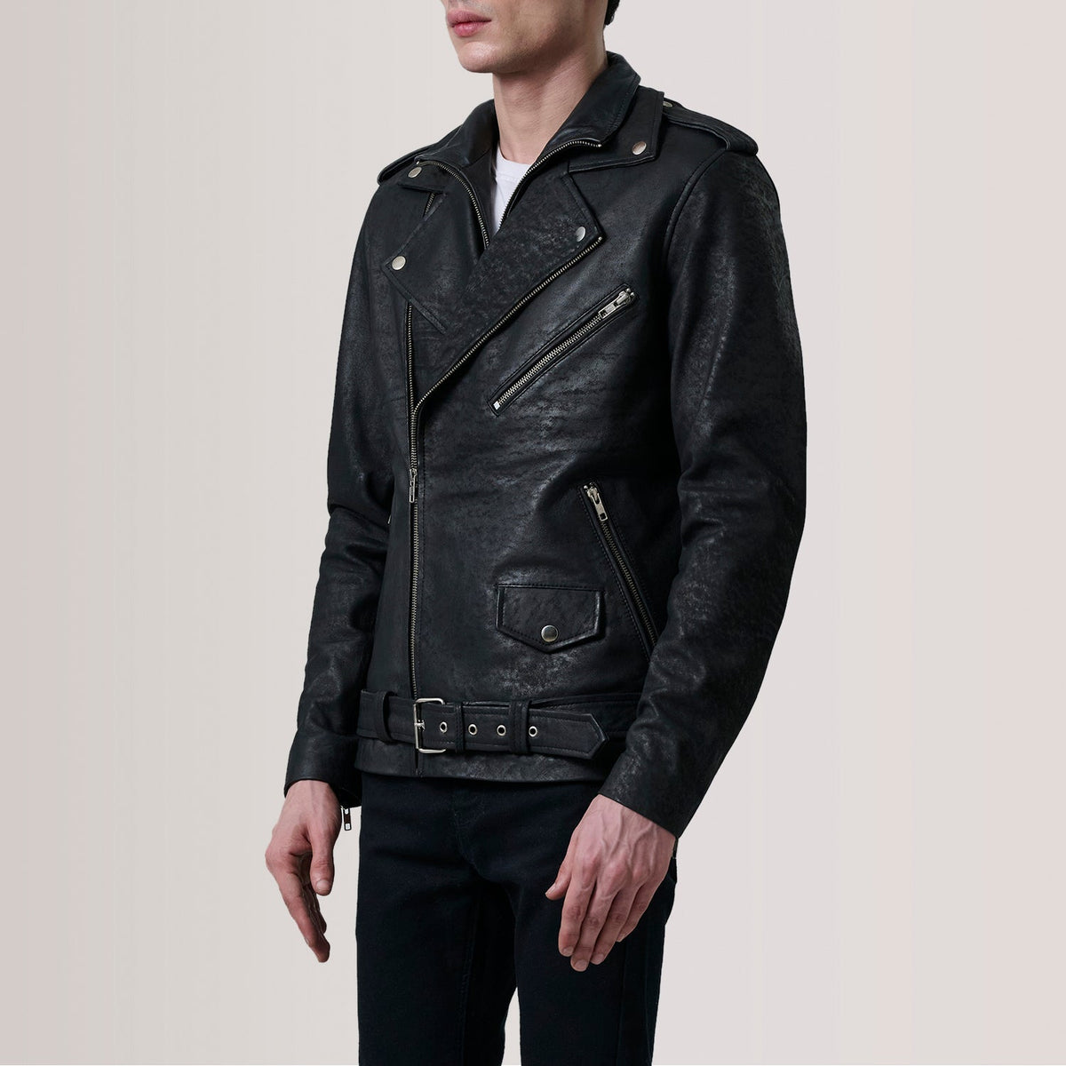 Kole Effetto Usurato Nero Leather Double Rider Giacca in Pelle da Uomo - Lateral Side Profile View Showing Sleeve Cut &amp; Athletic Taper Fit