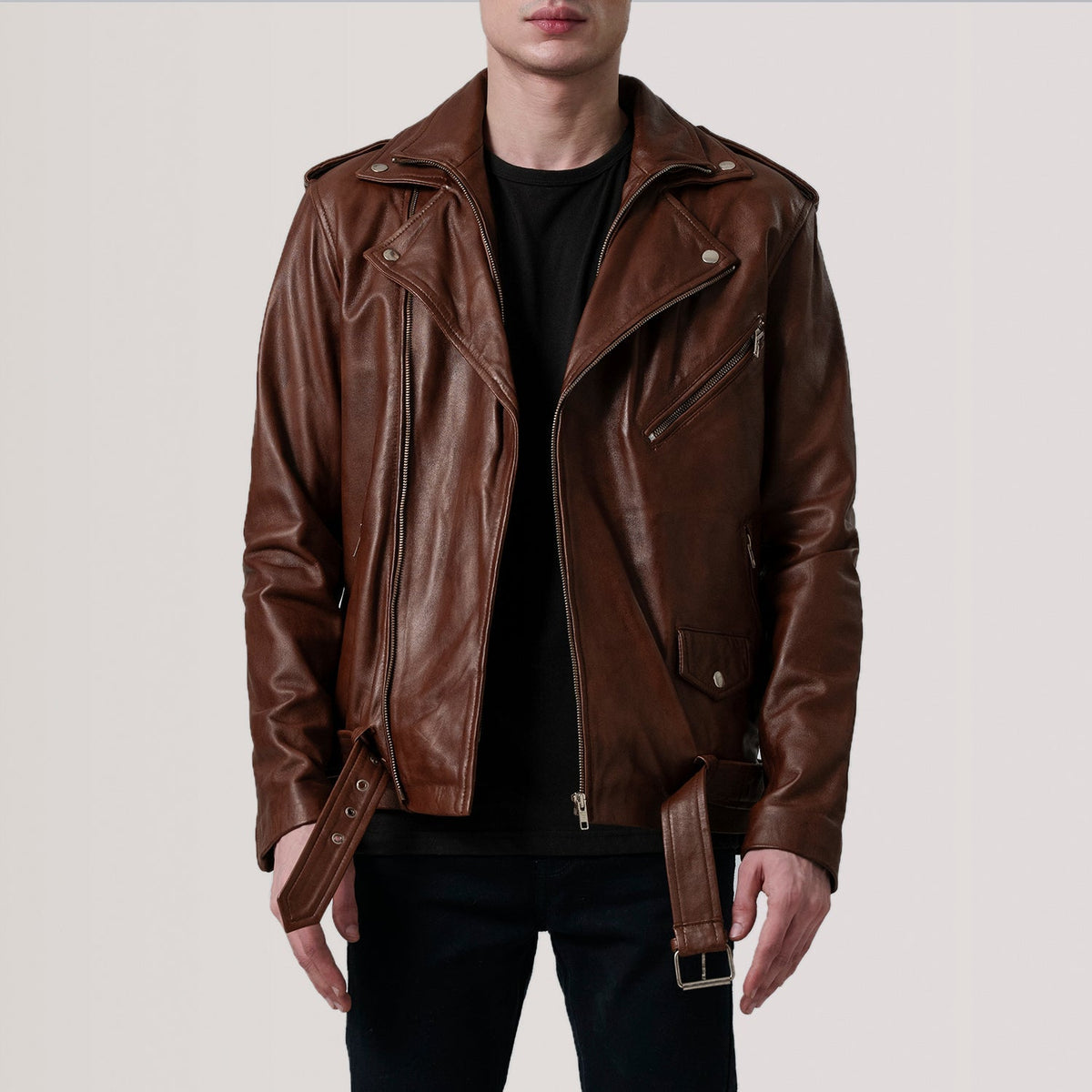 Kole Waxed Marrone Leather Double Rider Giacca in Pelle da Uomo in Distressed Brown Sheepskin Burnished - Vista frontale e linea su misura | Acquista online