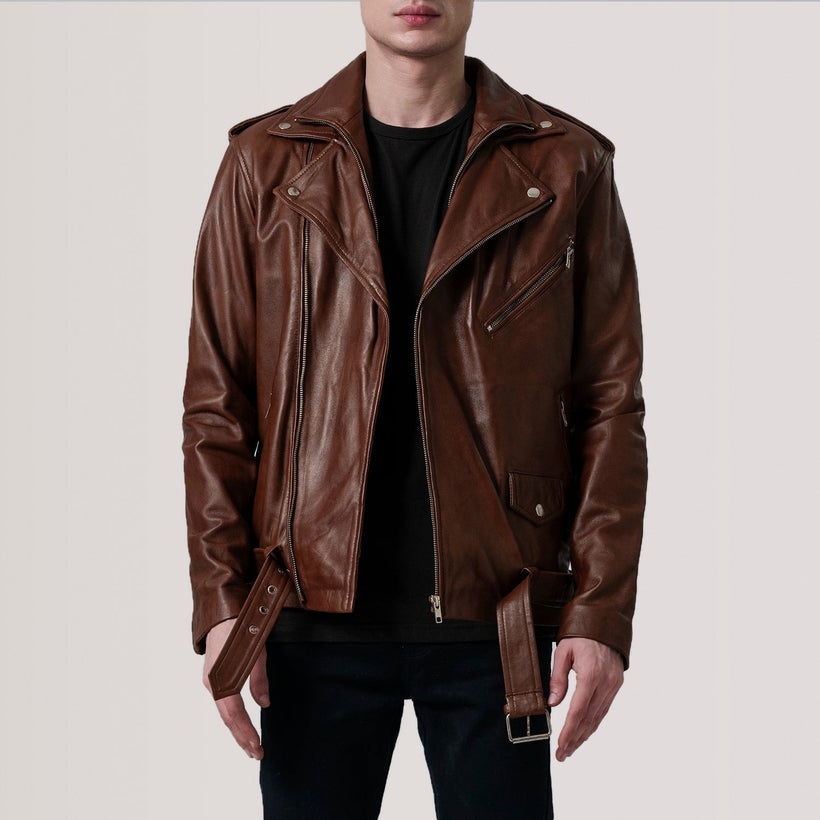 Kole Waxed Marrone Leather Double Rider Giacca in Pelle da Uomo