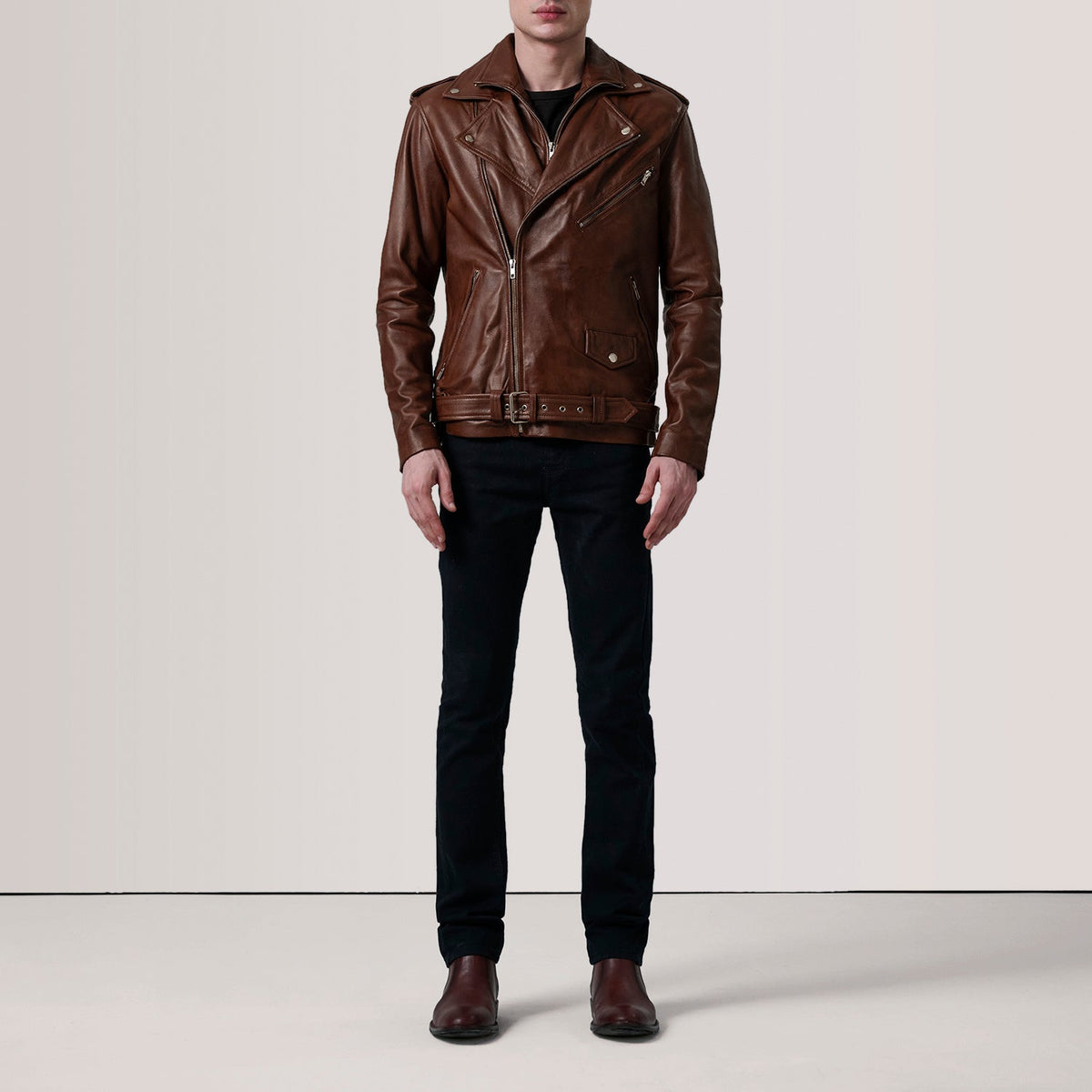 Distressed Brown Sheepskin Burnished Biker Jacket - Vista posteriore Showing Tailored Shoulder Fit &amp; Clean Hemline
