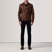 Distressed Brown Sheepskin Burnished Biker Jacket - Vista posteriore Showing Tailored Shoulder Fit &amp; Clean Hemline