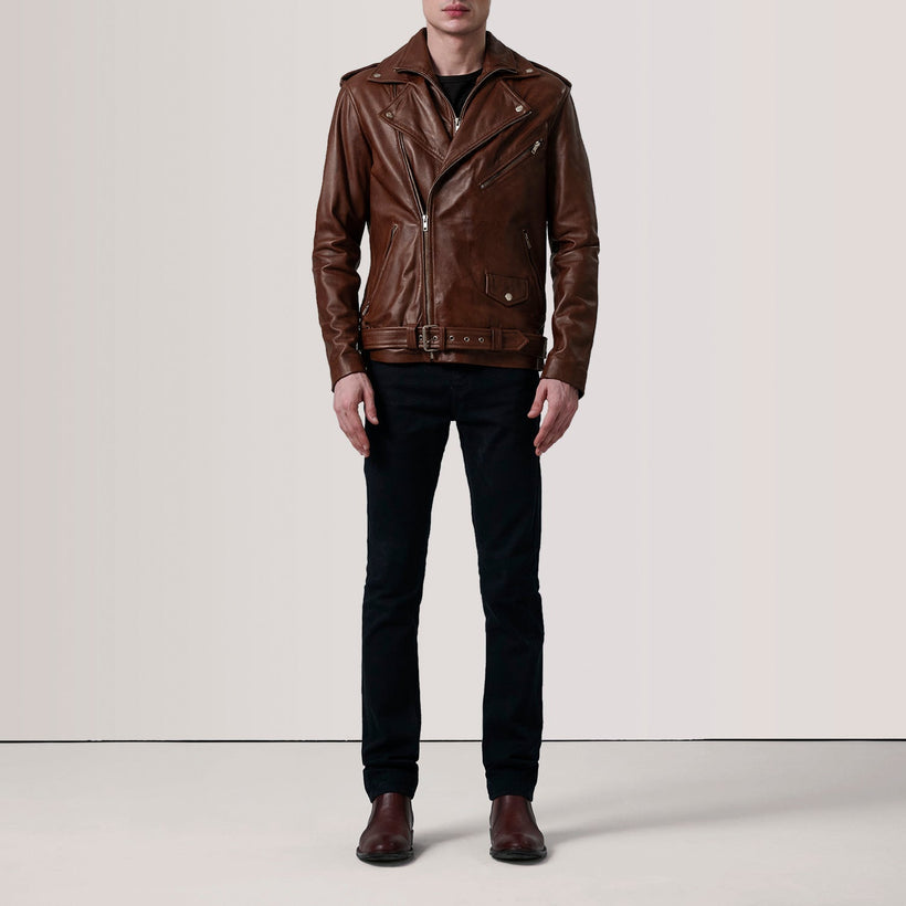 Kole Waxed Marrone Leather Double Rider Giacca in Pelle da Uomo