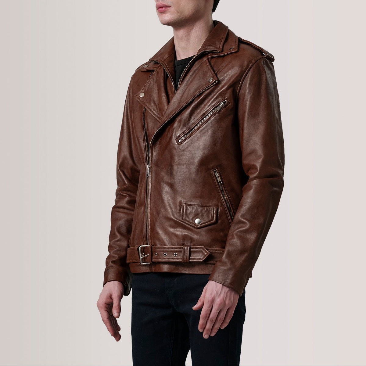 Kole Waxed Marrone Leather Double Rider Giacca in Pelle da Uomo - Lateral Side Profile View Showing Sleeve Cut &amp; Athletic Taper Fit