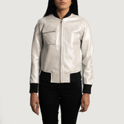 Silver Sheepskin Leather Bomber Jacket - Vista posteriore Showing Tailored Shoulder Fit &amp; Clean Hemline