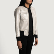 Women's Lana Silver Bomber in Pelle da Donna - Lateral Side Profile View Showing Sleeve Cut &amp; Athletic Taper Fit