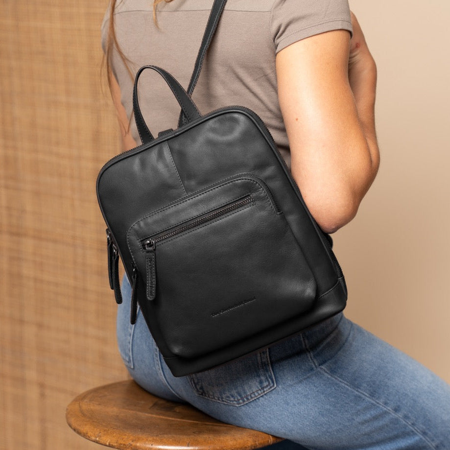 Classic 100% Full-Grain leather Backpack - Rear Perspective Showing Reinforced Leather Straps &amp; Stitching