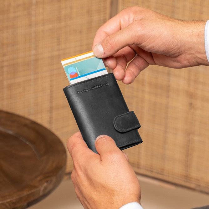 Classic 100% Full-Grain Leather Card Holder - Rear Perspective Showing Reinforced Leather Straps &amp; Stitching