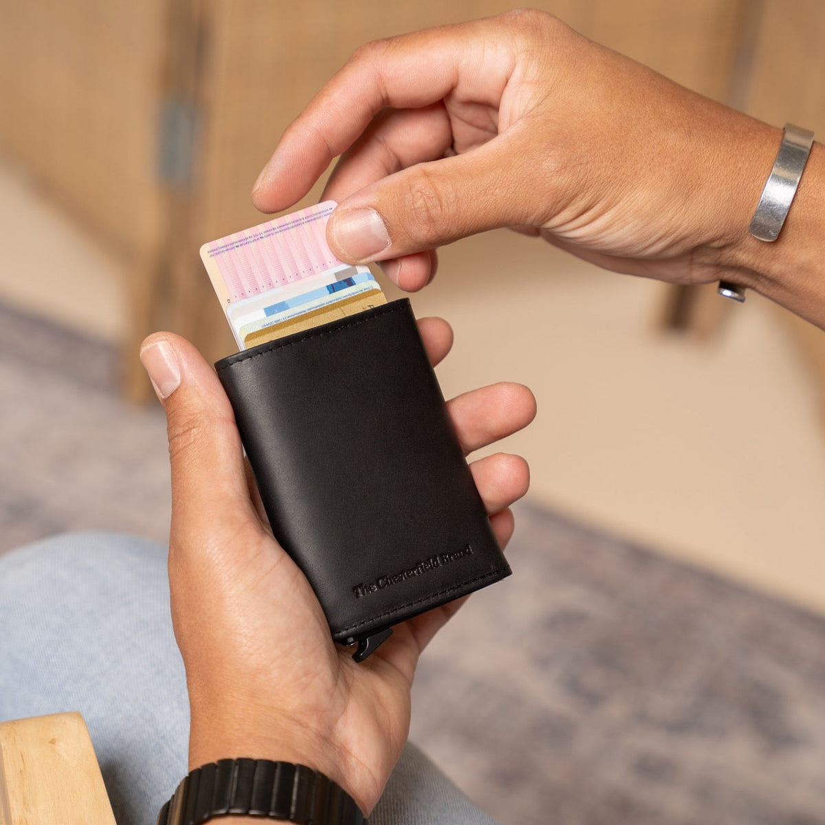 Classic 100% Full-Grain Leather Card Holder - Rear Perspective Showing Reinforced Leather Straps &amp; Stitching