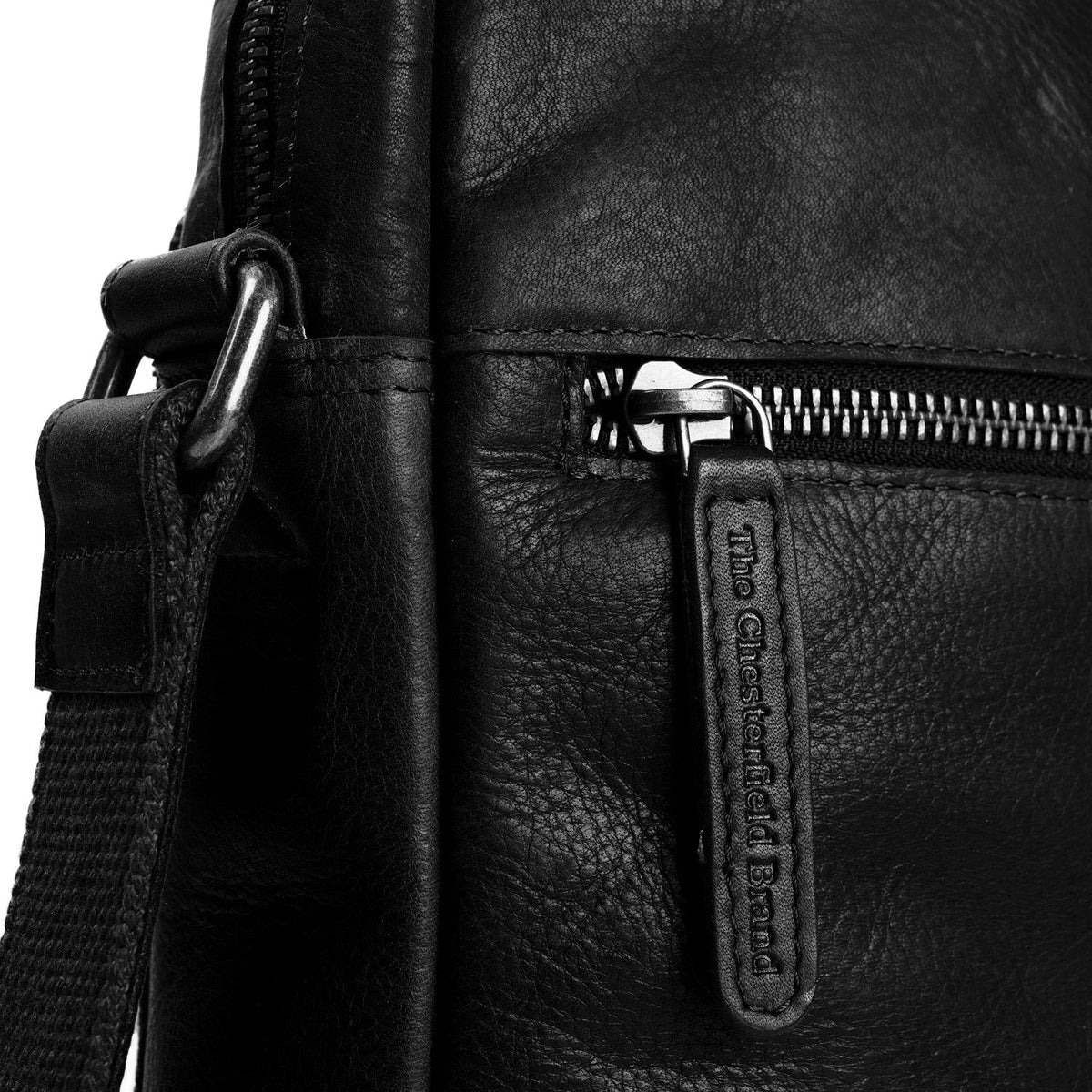 Solid Antique Brass Hardware & Heavy-Duty Dual Zipper Detail on Dessau Full-Grain Leather Crossbody Bag
