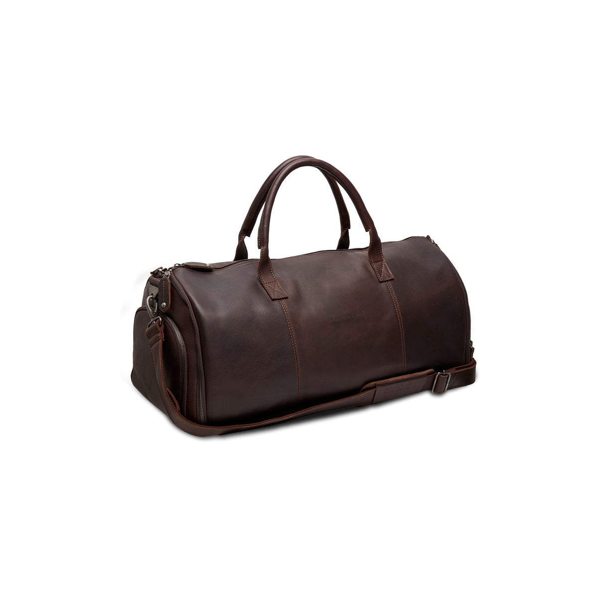 Styled Fit Perspective of Leather Garment Bag Finlay da Donna on Model - Natural Daylight Drape