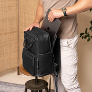 Solid Antique Brass Hardware &amp; Heavy-Duty Dual Zipper Detail on Calden Full-Grain Leather Laptop Backpack da Donna