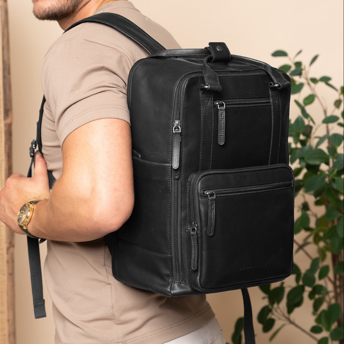 Classic 100% Full-Grain leather Backpack - Rear Perspective Showing Reinforced Leather Straps &amp; Stitching