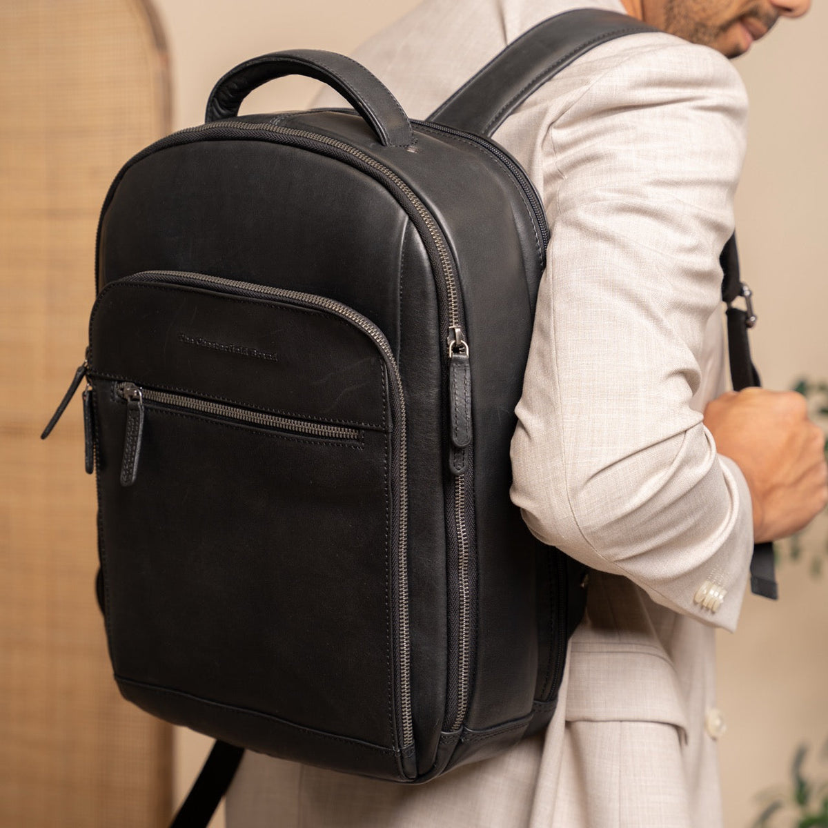 Classic 100% Full-Grain leather Backpack - Rear Perspective Showing Reinforced Leather Straps &amp; Stitching