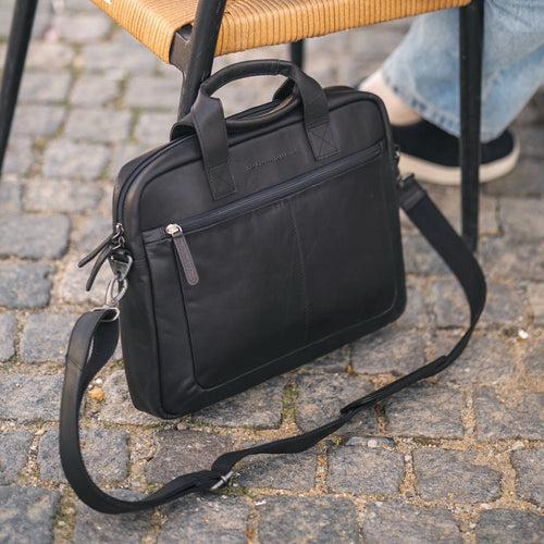 Classic 100% Full-Grain leather Briefcase - Rear Perspective Showing Reinforced Leather Straps & Stitching