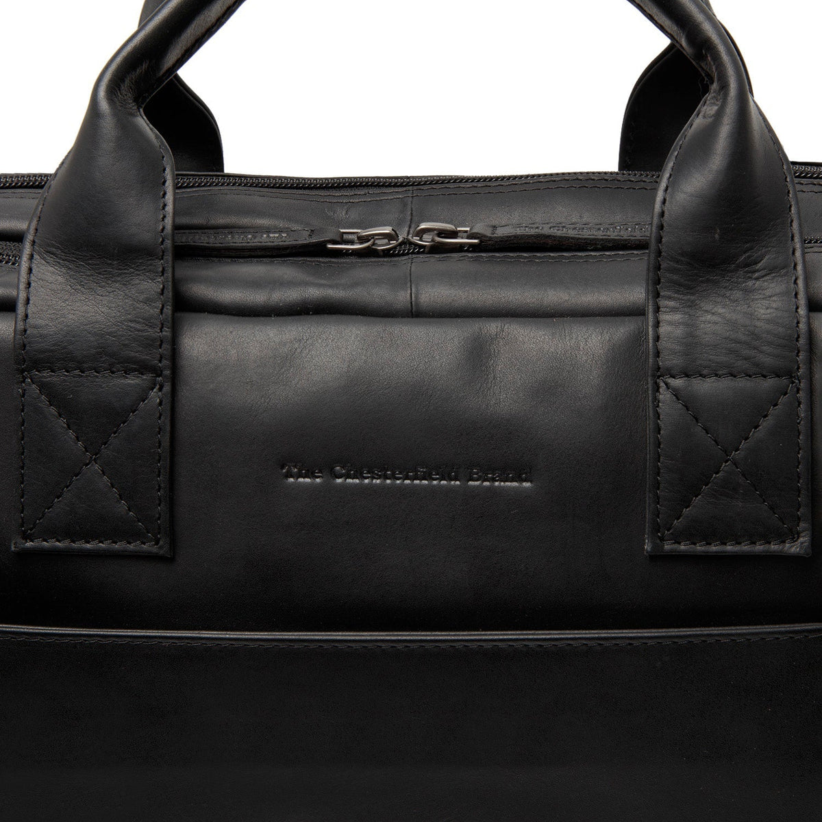 Solid Antique Brass Hardware &amp; Heavy-Duty Dual Zipper Detail on Frazer Full-Grain Leather Laptop Bag da Donna