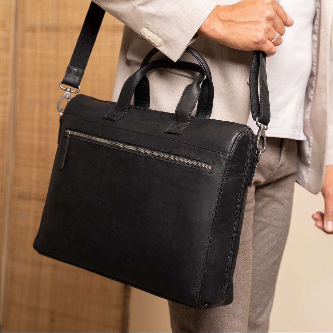 Classic 100% Full-Grain leather Briefcase - Rear Perspective Showing Reinforced Leather Straps &amp; Stitching