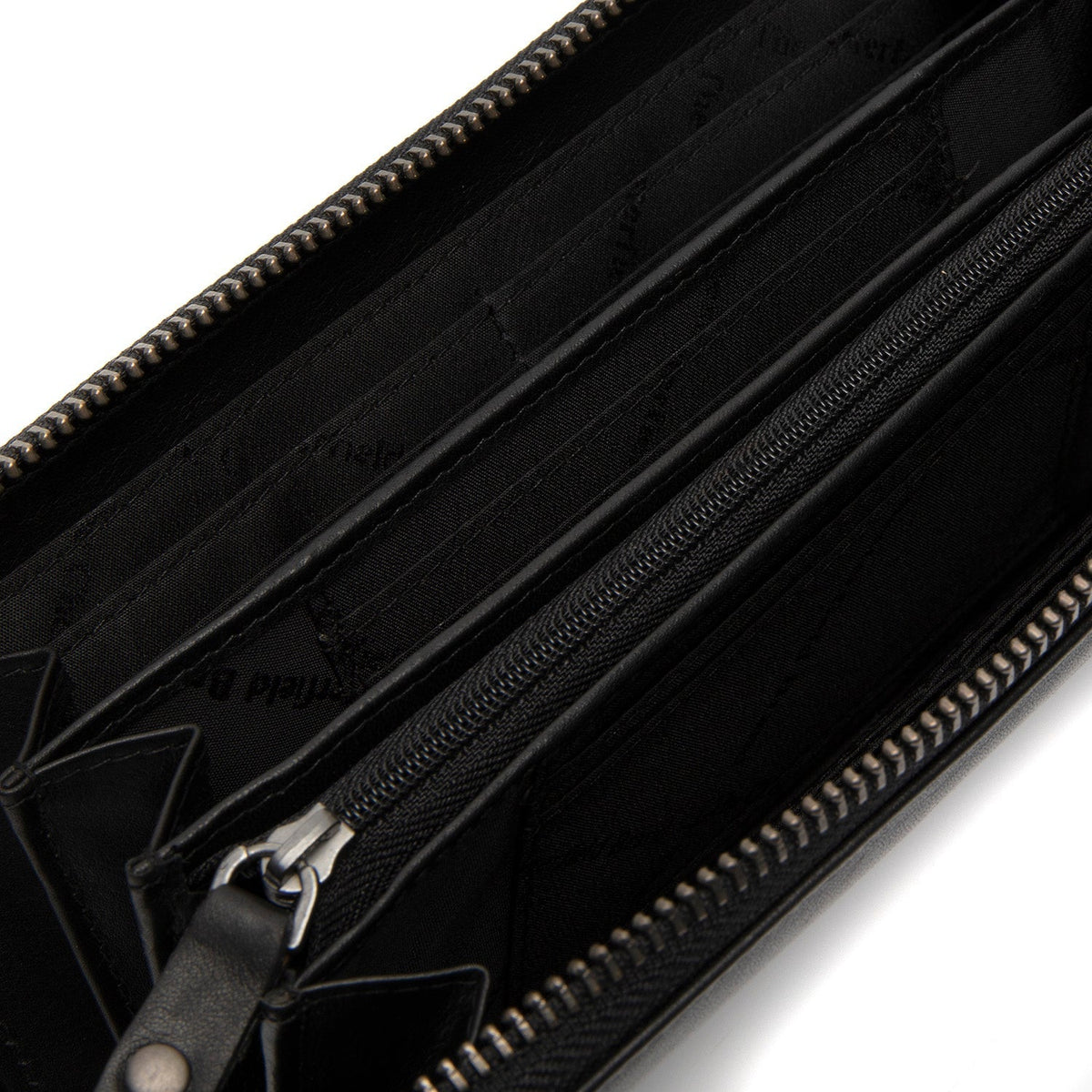 Solid Antique Brass Hardware &amp; Heavy-Duty Dual Zipper Detail on Cantara Full-Grain Leather Wallet