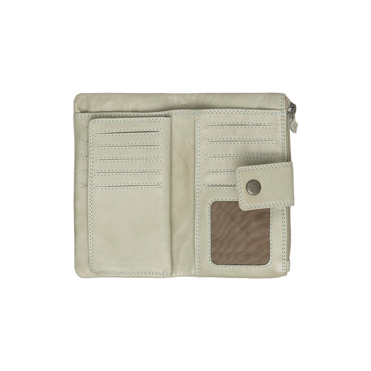 
Solid Antique Brass Hardware & Heavy-Duty Dual Zipper Detail on Fresno Portafoglio in pelle pieno fiore
