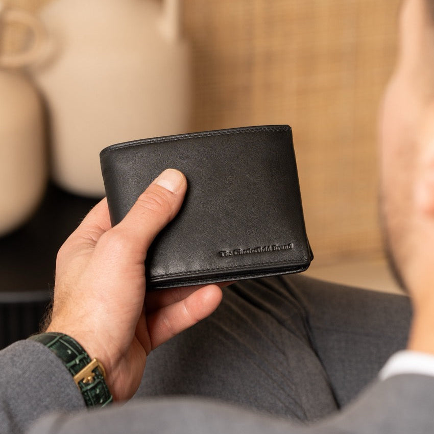 Classic 100% Full-Grain leather Wallet - Rear Perspective Showing Reinforced Leather Straps &amp; Stitching