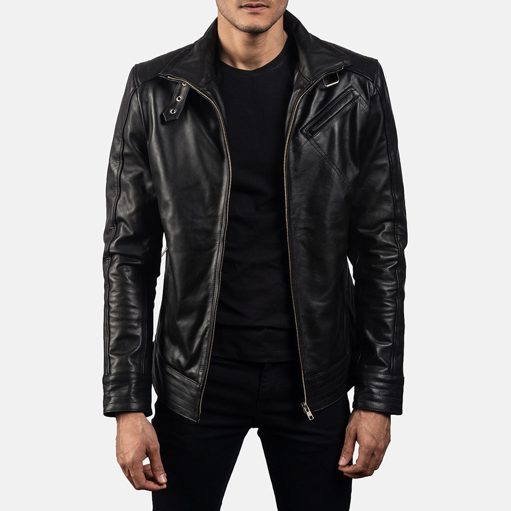 Men's Legacy Nero Giacca Biker in Pelle da Uomo in Black Cowhide Leather - Vista frontale e linea su misura | Acquista online