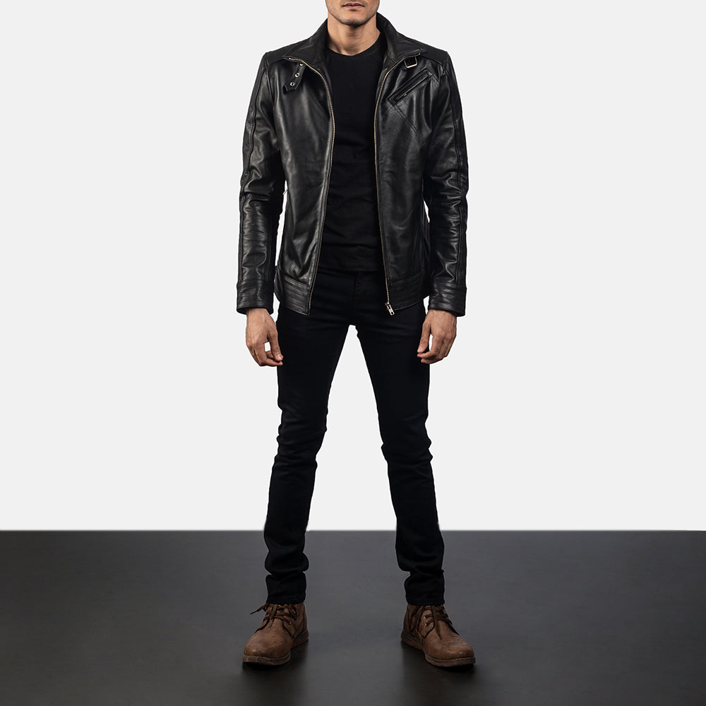 Men's Legacy Nero Giacca Biker in Pelle da Uomo - Lateral Side Profile View Showing Sleeve Cut &amp; Athletic Taper Fit