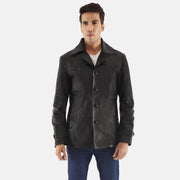 Leo Nero Cappotto in Pelle da Uomo in Black Cowhide Leather - Vista frontale e linea su misura | Acquista online