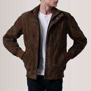 Tailored Rib Cuffs &amp; Hem Craftsmanship Construction Detail on Lester Marrone Suede Bomber in Pelle da Uomo For Men