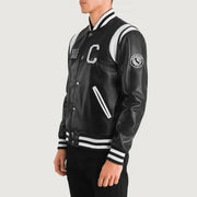 
Black & White Sheepskin Leather Varsity Jacket - Vista posteriore con spalle definite e orlo pulito
