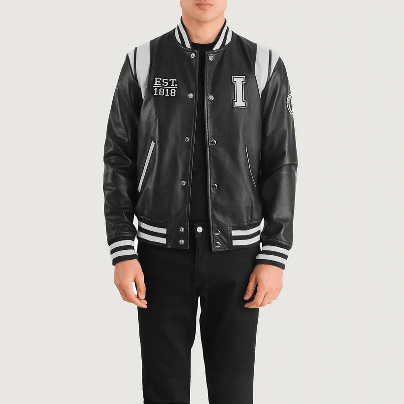 Liberte Illinois Nero Leather Varsity Giacca in Pelle da Uomo