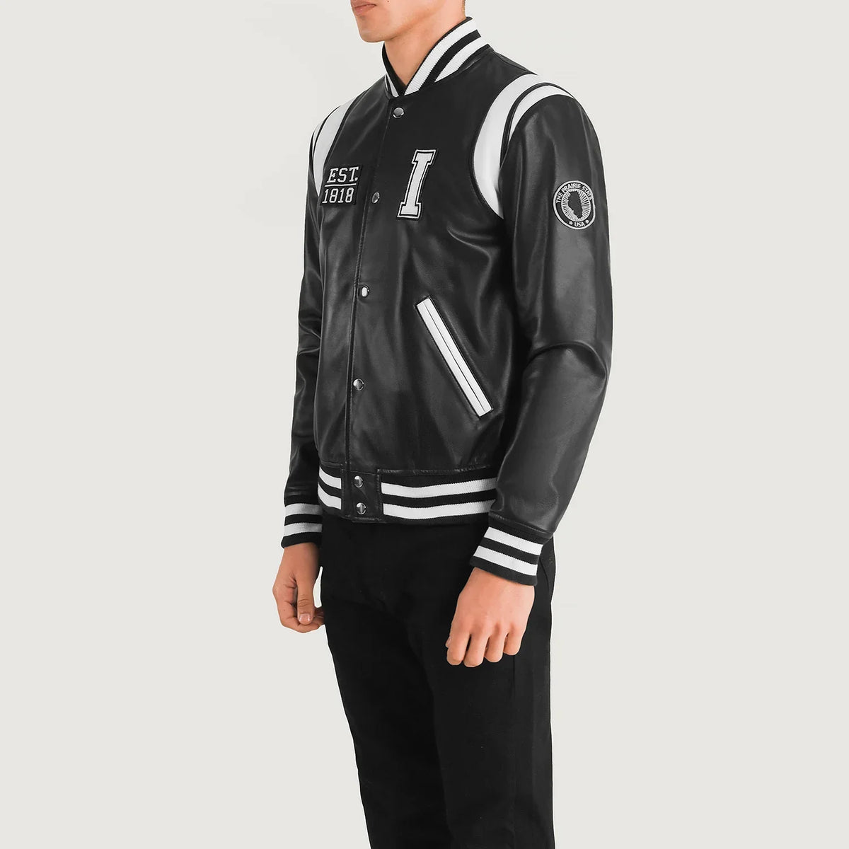 Black &amp; White Sheepskin Leather Varsity Jacket - Vista posteriore Showing Tailored Shoulder Fit &amp; Clean Hemline
