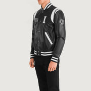 Black &amp; White Sheepskin Leather Varsity Jacket - Vista posteriore Showing Tailored Shoulder Fit &amp; Clean Hemline