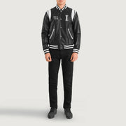Liberte Illinois Nero Leather Varsity Giacca in Pelle da Uomo - Lateral Side Profile View Showing Sleeve Cut &amp; Athletic Taper Fit