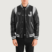 Liberte New Jersey Nero Leather Varsity Giacca in Pelle da Uomo in Black &amp; White Sheepskin Leather - Vista frontale e linea su misura | Acquista online