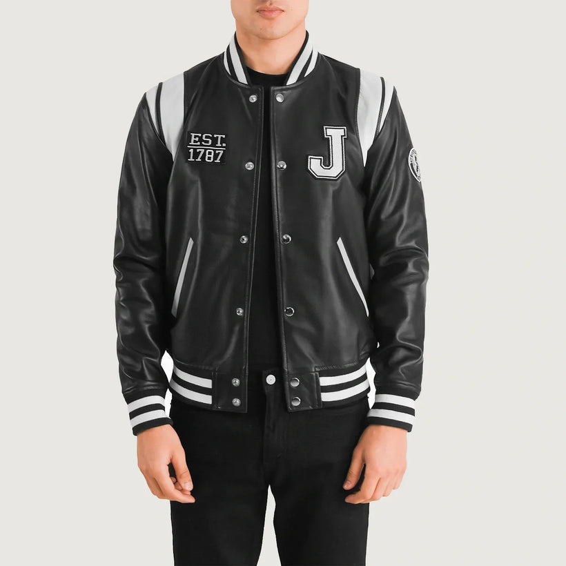 Liberte New Jersey Nero Leather Varsity Giacca in Pelle da Uomo