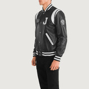 Black &amp; White Sheepskin Leather Varsity Jacket - Vista posteriore Showing Tailored Shoulder Fit &amp; Clean Hemline