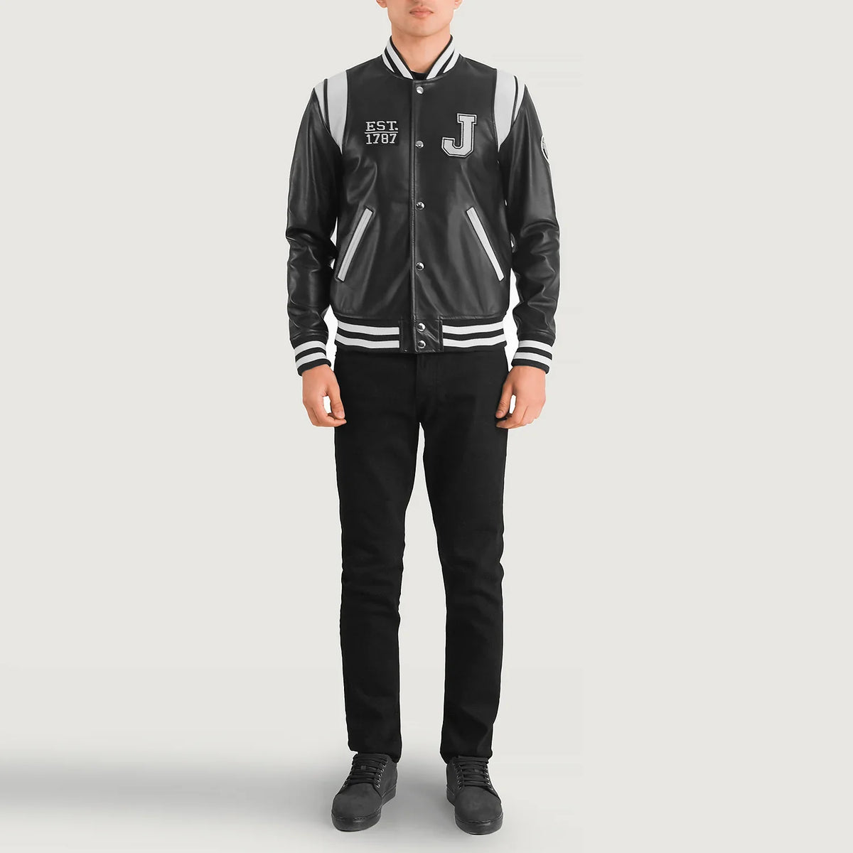 Liberte New Jersey Nero Leather Varsity Giacca in Pelle da Uomo - Lateral Side Profile View Showing Sleeve Cut &amp; Athletic Taper Fit
