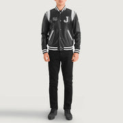 Liberte New Jersey Nero Leather Varsity Giacca in Pelle da Uomo - Lateral Side Profile View Showing Sleeve Cut &amp; Athletic Taper Fit