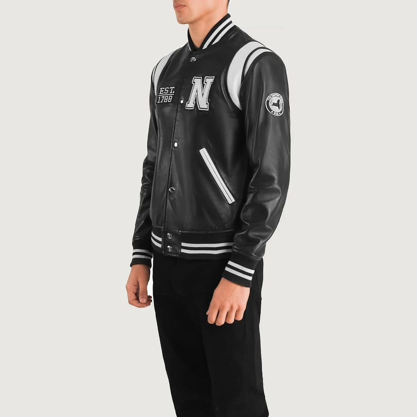 Liberte New York Nero Leather Varsity Giacca in Pelle da Uomo