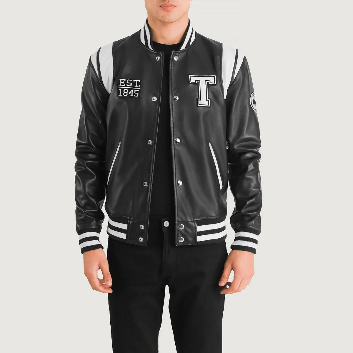 Liberte Texas Nero Leather Varsity Giacca in Pelle da Uomo in Black &amp; White Sheepskin Leather - Vista frontale e linea su misura | Acquista online