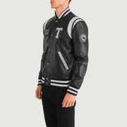 Black &amp; White Sheepskin Leather Varsity Jacket - Vista posteriore Showing Tailored Shoulder Fit &amp; Clean Hemline