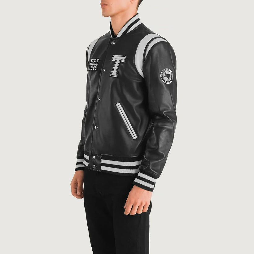 Liberte Texas Nero Leather Varsity Giacca in Pelle da Uomo