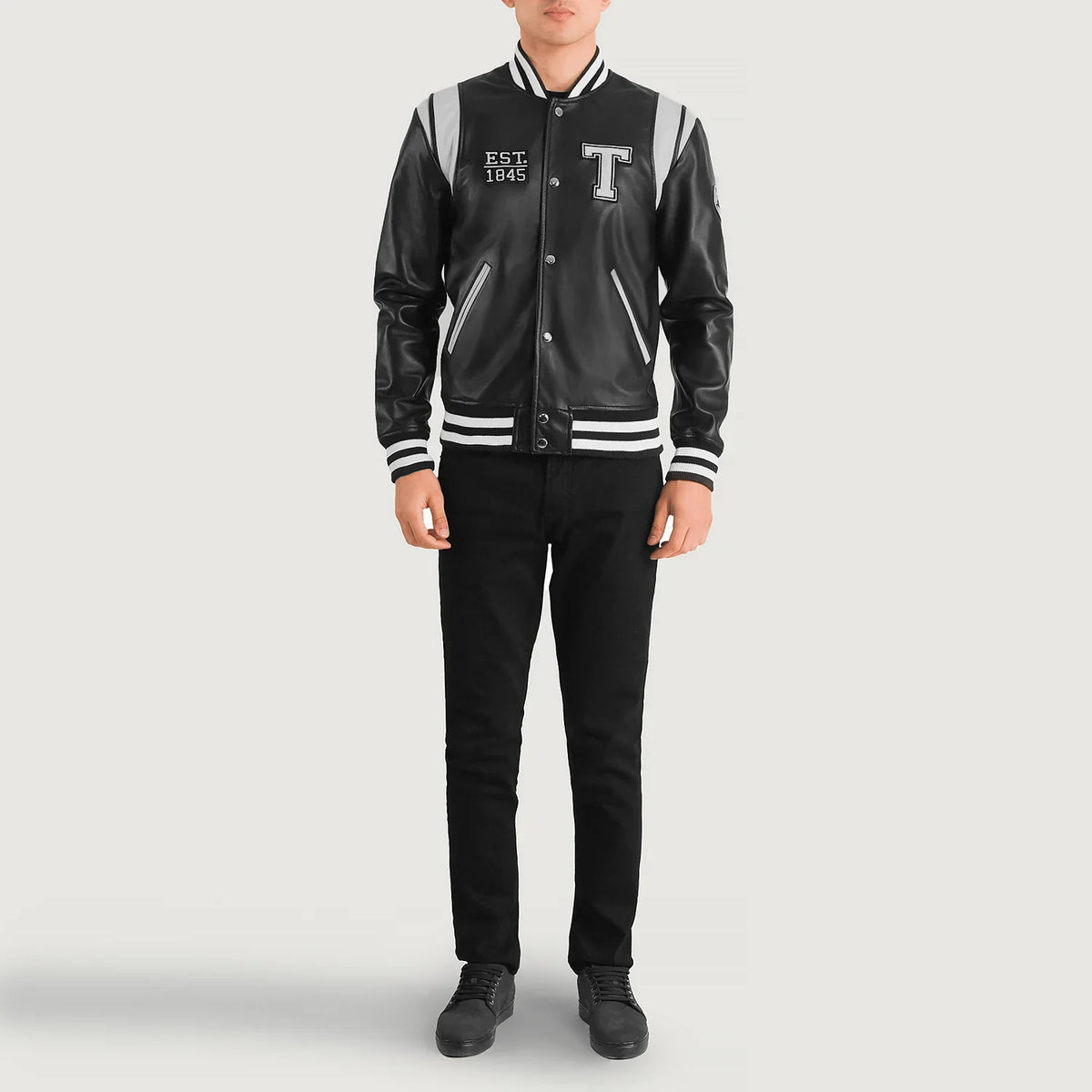 Liberte Texas Nero Leather Varsity Giacca in Pelle da Uomo - Lateral Side Profile View Showing Sleeve Cut &amp; Athletic Taper Fit