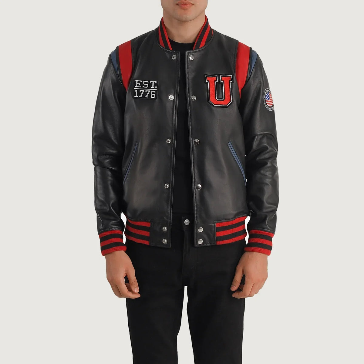 Liberte USA Black Leather Varsity Jacket in Black Sheepskin Leather - Vista frontale e linea su misura | Acquista online