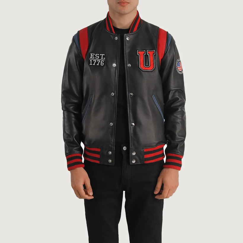 Liberte USA Black Leather Varsity Jacket in Black Sheepskin Leather - Front Profile View & Tailored Silhouette | Buy Online
