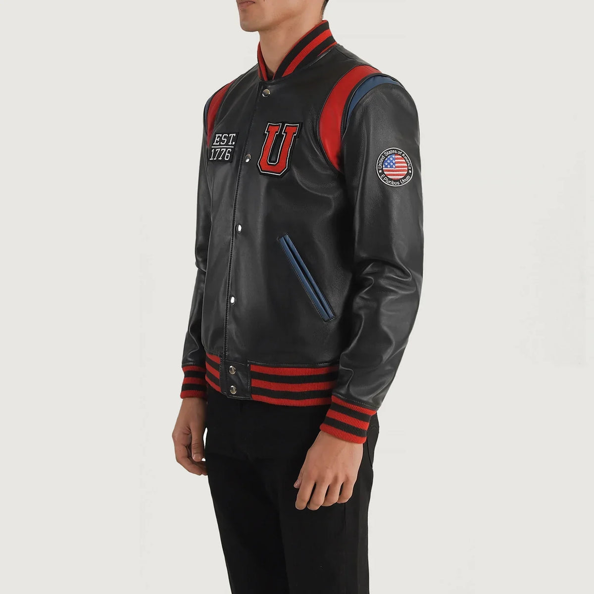 Black Sheepskin Leather Varsity Jacket - Vista posteriore Showing Tailored Shoulder Fit &amp; Clean Hemline