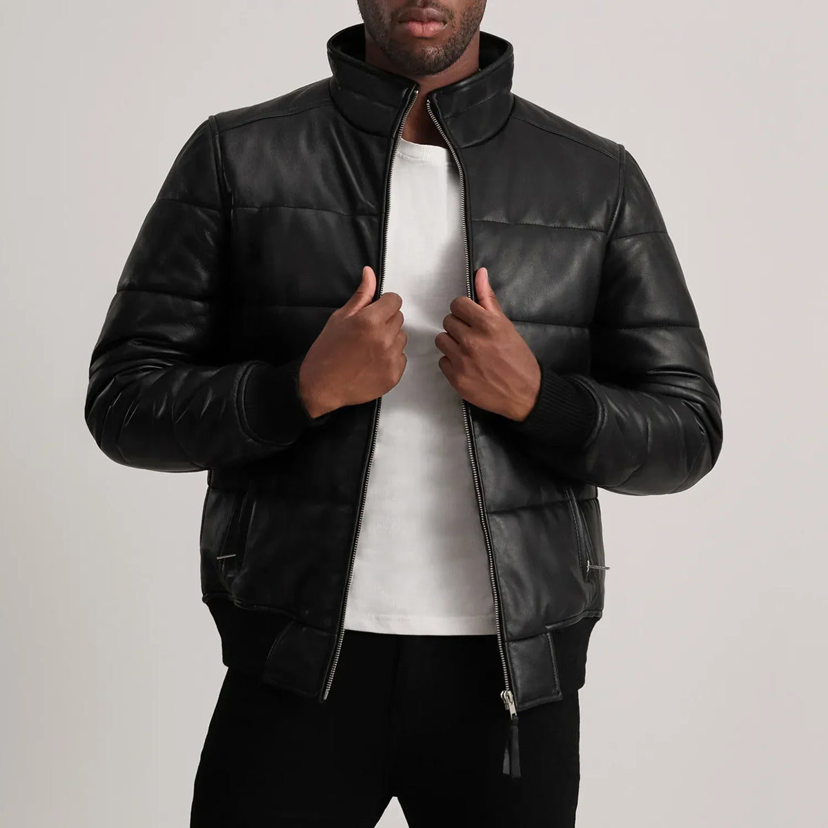 Lucas Blue Leather Puffer Bomber Jacket in Blue Sheepskin Leather - Vista frontale e linea su misura | Acquista online