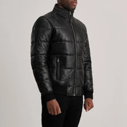 Blue Sheepskin Leather Bomber Jacket - Vista posteriore Showing Tailored Shoulder Fit &amp; Clean Hemline